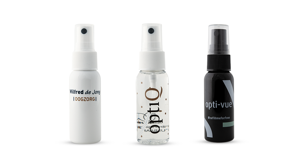 Different design options for opticians with eco friendly cleaning fluid, personalized and private label design to distinguish with the bottle